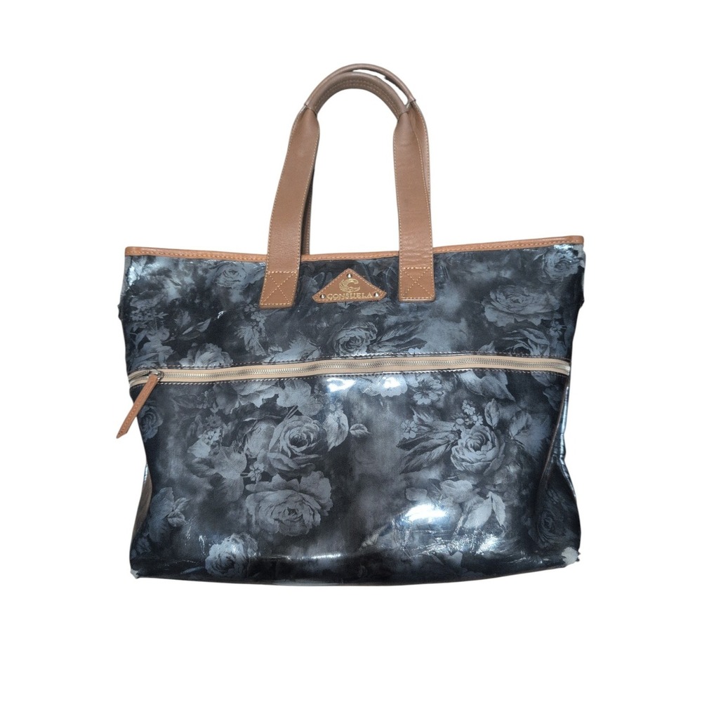 Huge Bon Voyage Floral Tote Bag Black Gray Brown, Zip Top, Brown Double Handles